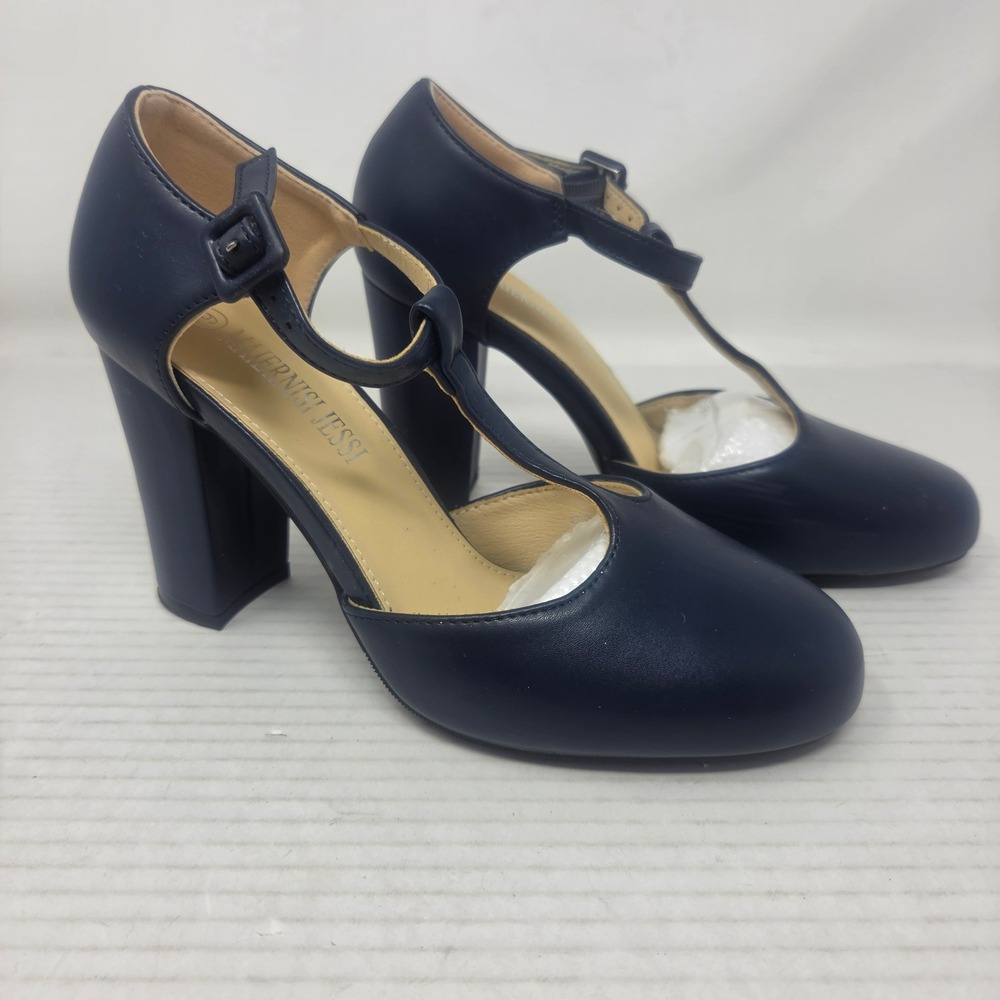 Maernisi Jessi Pumps Womens 9 Navy T-Strap Block Heel Round Toe Retro 043